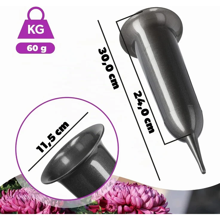 KADAX Vase, Fläschchen für Friedhof, 30 cm, künstliche Blumen, angetriebene Spitze, Graphit – Bild 3