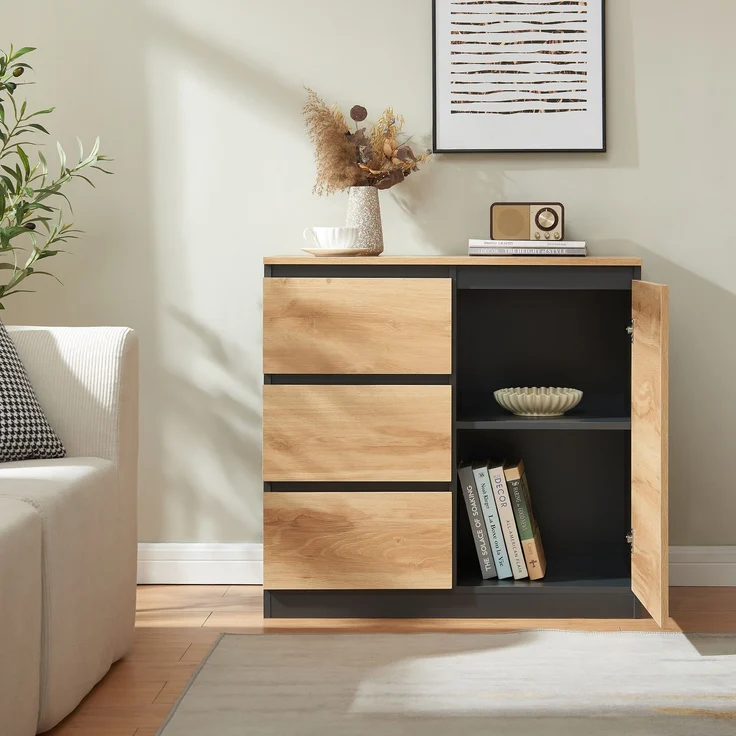 Sideboard Kyr 80x40x75 cm Schwarz/Eicheoptik rustikal [en. casa] – Bild 3