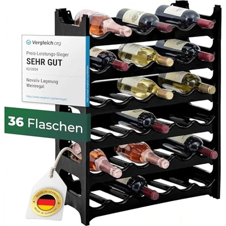 Novaliv Flaschenregal für 36 Flaschen aus Kunststoff, erweiterbar, Weinregal stapelbar, Schwarz, Getränkeregal Flaschen Regalsystem, Regal für Getränke, Flaschenschrank, Spirituosen Regal