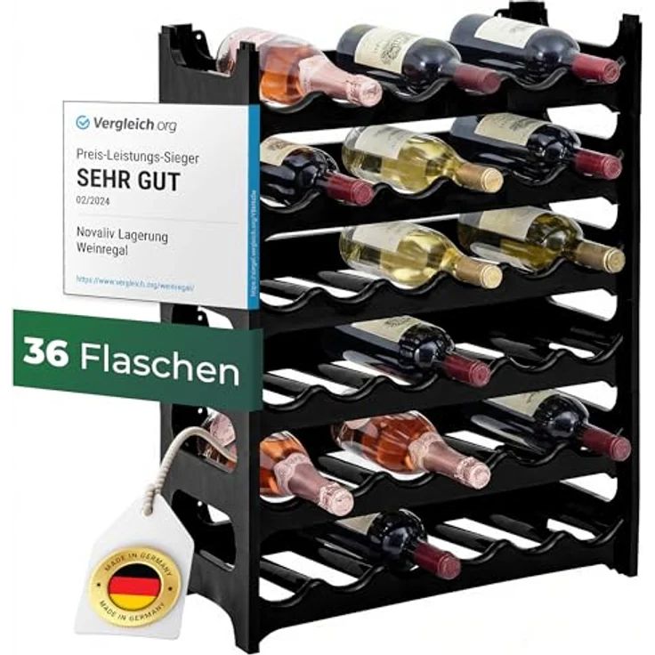 Novaliv Flaschenregal für 36 Flaschen aus Kunststoff, erweiterbar, Weinregal stapelbar, Schwarz, Getränkeregal Flaschen Regalsystem, Regal für Getränke, Flaschenschrank, Spirituosen Regal – Bild 1