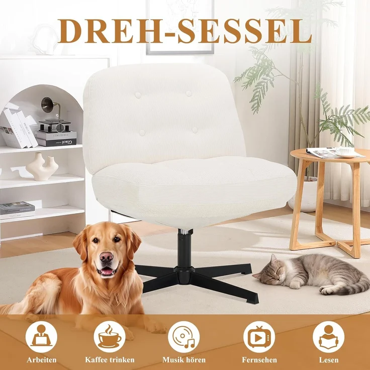 COLAMY Ergonomischer Bürostuhl Ohne Rollen, Schneidersitz Stuhl, Criss Cross Chair, 360° Drehbar Lehnstühle Lounge, Schminktisch Stuhl für Home Office, Weiß – Bild 9