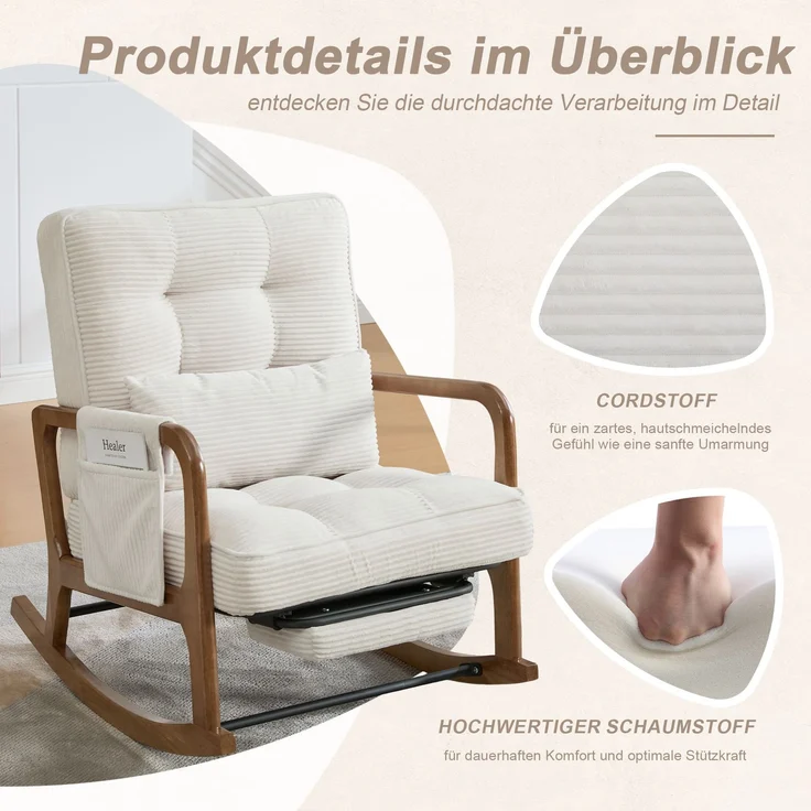 LVHOM Schaukelstuhl mit ausziehbarer Fußstütze, Relaxsessel mit verstellbare Rückenlehne, Loungesessel mit Seitentasche, bis 150 kg belastbar, Beige – Bild 7