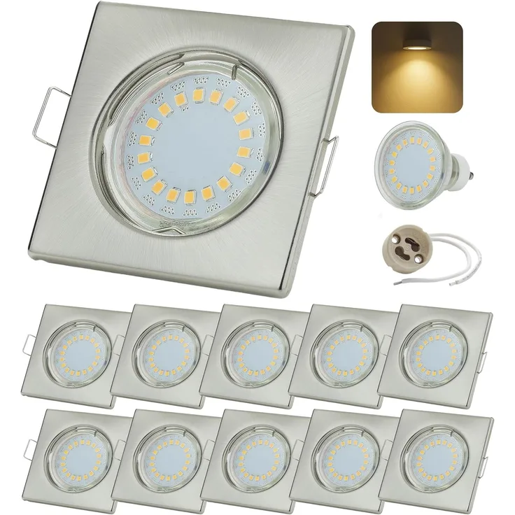Sweet LED LED Einbaustrahler 10er Set 5W GU10 Deckenspots 230V eckig chrom-gebürstet, LED fest integriert, 3000K-Warmweiß, Deckenspots, Deckenstrahler, Einbauleuchten