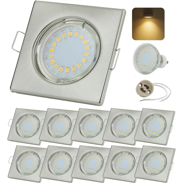 Sweet LED LED Einbaustrahler 10er Set 5W GU10 Deckenspots 230V eckig chrom-gebürstet, LED fest integriert, 3000K-Warmweiß, Deckenspots, Deckenstrahler, Einbauleuchten – Bild 1