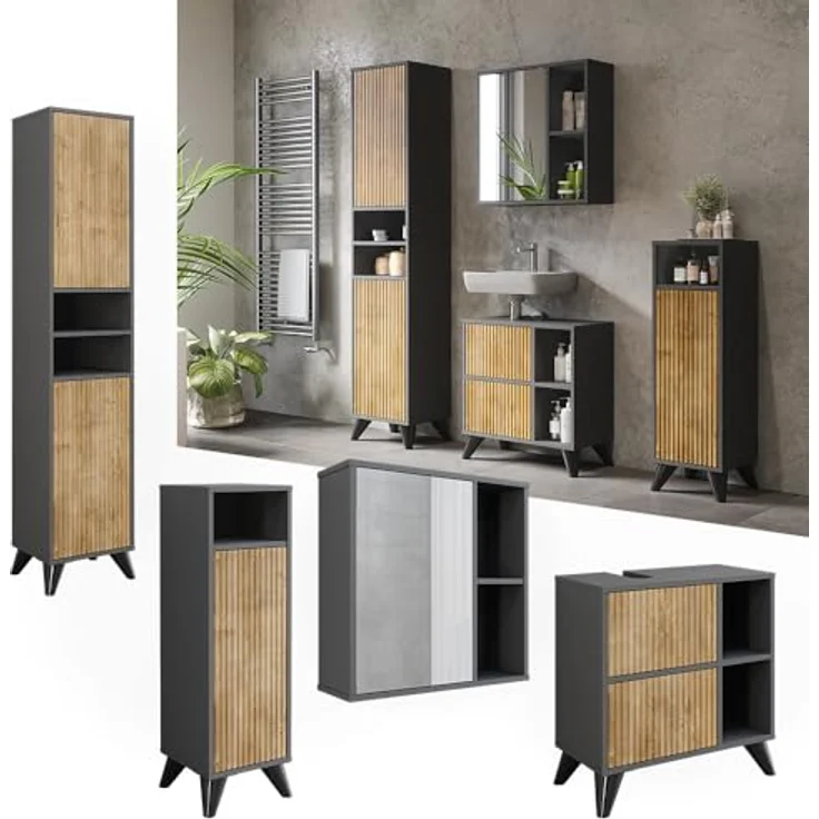 Vichy Badmöbelset Leano, Badezimmermöbel Set 4, Anthrazit/Bergeiche, mit Hochschrank, Badspiegelschrank und Waschbeckenunterschrank – Bild 2