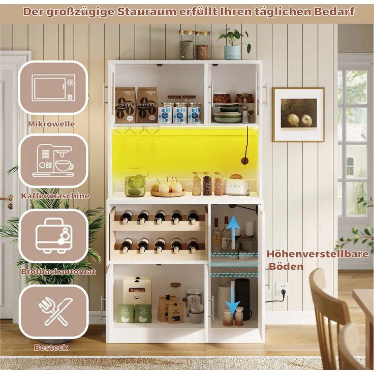 Kitchen Pantry Cabinet, Weißer Küchenschrank mit RGB-LED und Steckdose, Hoher Vorratsschrank mit Weinglashalter & Weinregal, Moderner Küchenschrank mit Glasfronten, 100x40x180 cm--Weiß--100x40x180cm--YOUDENOVA – Bild 5