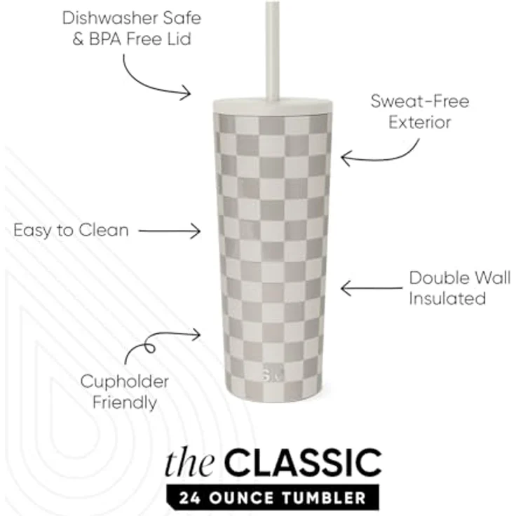 Simple Modern Thermobecher mit Strohhalm und Deckel | Trinkbecher mit Henkel Wiederverwendbare Edelstahl | Geschenke für Frauen und Männer | Classic | 710ml | Checkmate – Bild 2