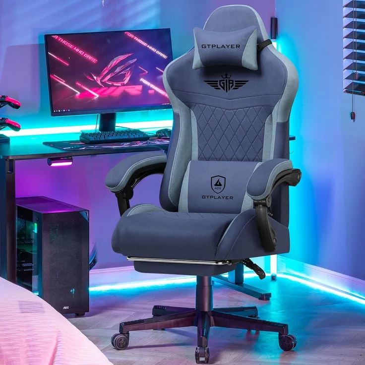 GTPLAYER Gaming-Stuhl Stoff Gaming Chair Ergonomisch Bürostuh PC Stuhl, 150kg Belastbarkeit, Schreibtischstuh mit Federsitzkissen und Fußstütze – Bild 2