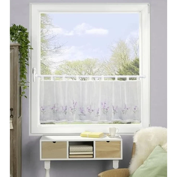 HOME WOHNIDEEN Scheibengardine Scheibengardine Lavendel bestickt HxB 45x120cm, Schlaufen, halbtransparent, bestickt mit Häkelborte – Bild 2