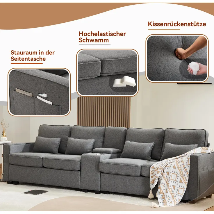 Big-Sofa, 4-Sitzer inkl. loser Zier- und Rückenkissen, Zwischentisch, USB-Anschlüssen, Polstersofa, Wohnzimmersofa, Leinen – Bild 6