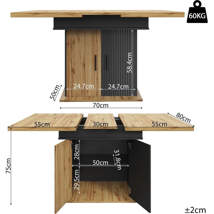 Esstisch ausziehbar 110-140x80x75 cm, Retro-Design, schwarz/natur, mit vakuumgeformten Türen – Bild 10