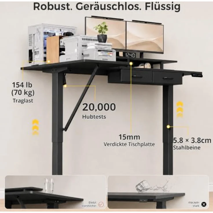 IRONCK Höhenverstellbarer Schreibtisch L Form, Elektrischer Eckschreibtisch | Computertisch 150x90cm mit Steckdose USB-C Anschlüsse, Homeoffice Tisch mit Schubladen Monitorständer 3 Speicherhöhen Schwarz – Bild 9