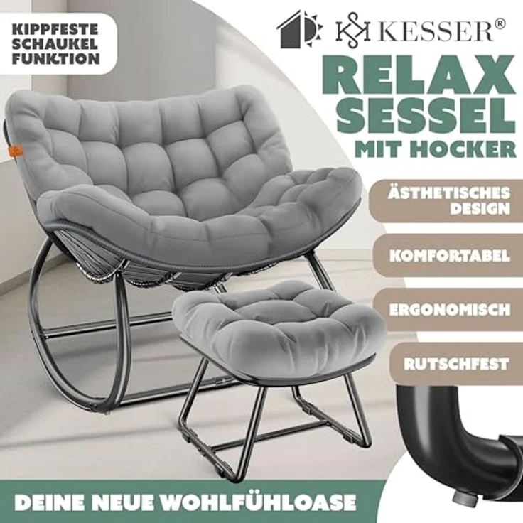KESSER® Schaukelstuhl für drinnen & draußen ergonomischer Schaukelsessel | maximale Belastung von 120kg Relaxsessel mit Rutschfesten Füßen, Witterungsbeständig | Ideal für Balkon, Garten & Wohnzimmer Grau, XXL Chillexer Pro – Bild 3