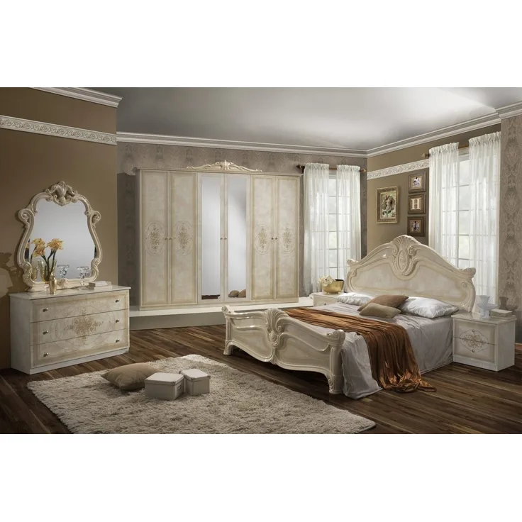 Interdesign24 Schlafzimmer-Set Alba, (6-Teilig, im kunstvoll verzierten Barock Stil), in Hochglanz Beige/Gold