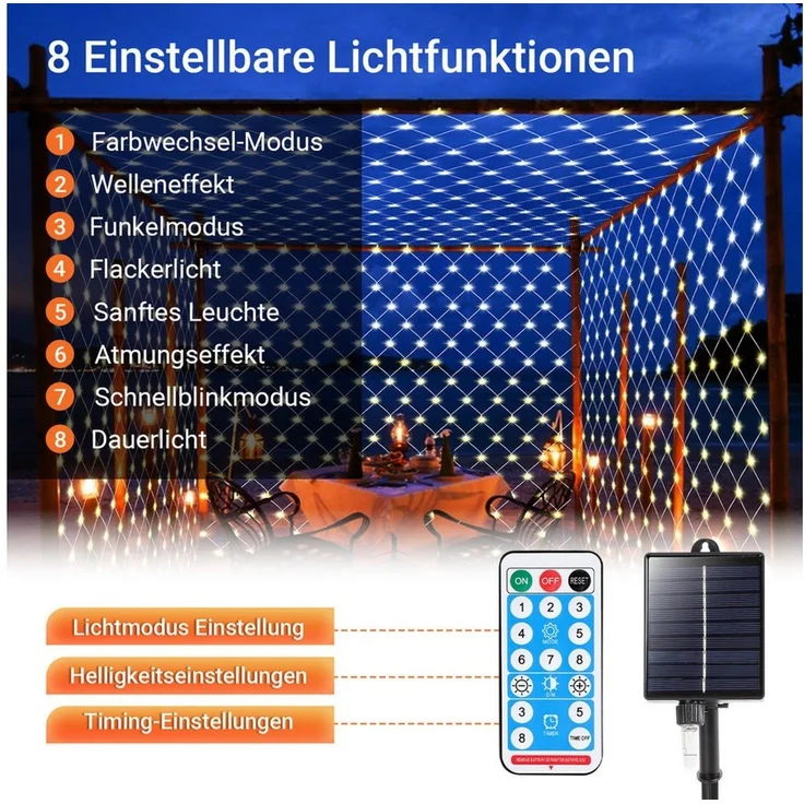 Clanmacy LED-Lichternetz Solar Lichternetz Lichtervorhang 8 Modi-Speicherfunktion IP44 Party – Bild 4