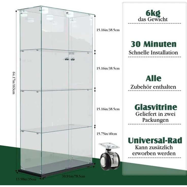 FUROKOY Glasvitrine Standvitrinen, Vitrine aus gehärtetem Glas (Vitrinenschrank mit 2 Glastür und Beleuchtung für Sammler, Bücher) 4 Lagen Sammlervitrine, Schwarz – Bild 4