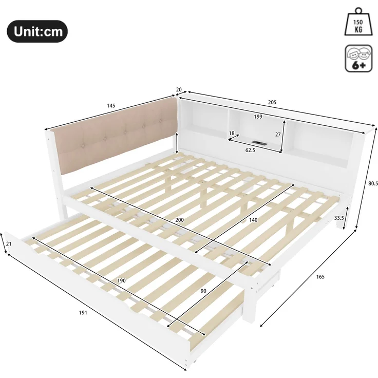 Daybett 140x200 cm mit Ausziehbett und LED-Beleuchtung, Weiß, Kiefernholz & MDF, Einzelbett mit USB-Anschluss, Regal und Rollbett – Bild 8