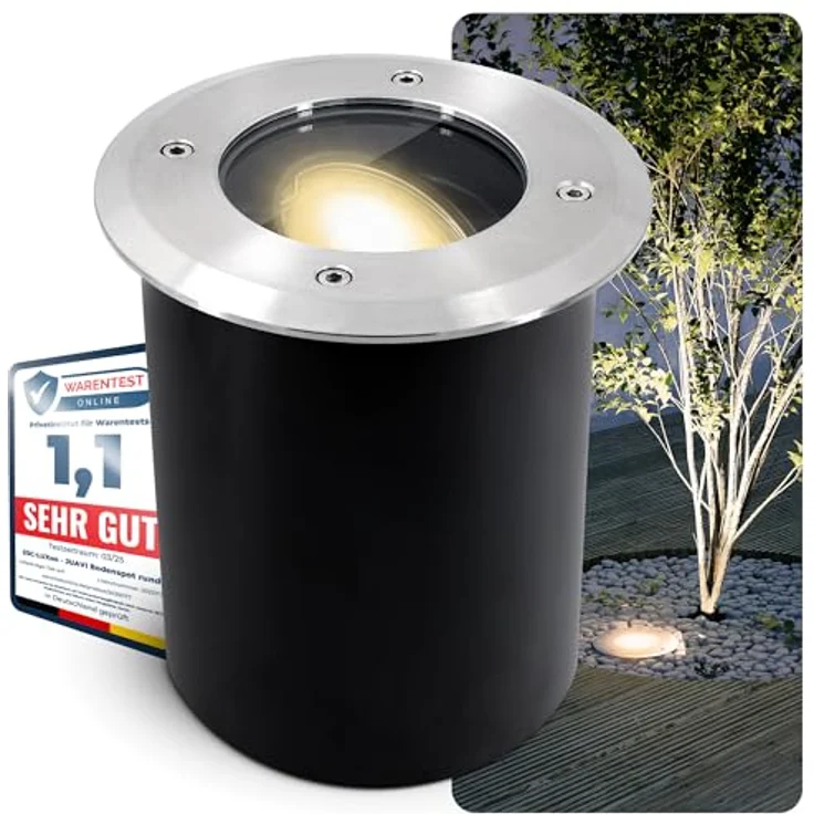 SSC-LUXon JUAVI Bodeneinbauleuchte Außen, IP67 LED Bodenstrahler rund silber 230V befahrbar, inkl. GU10 LumiFLEX 5W LED mit 3 Lichtfarben – Bild 2