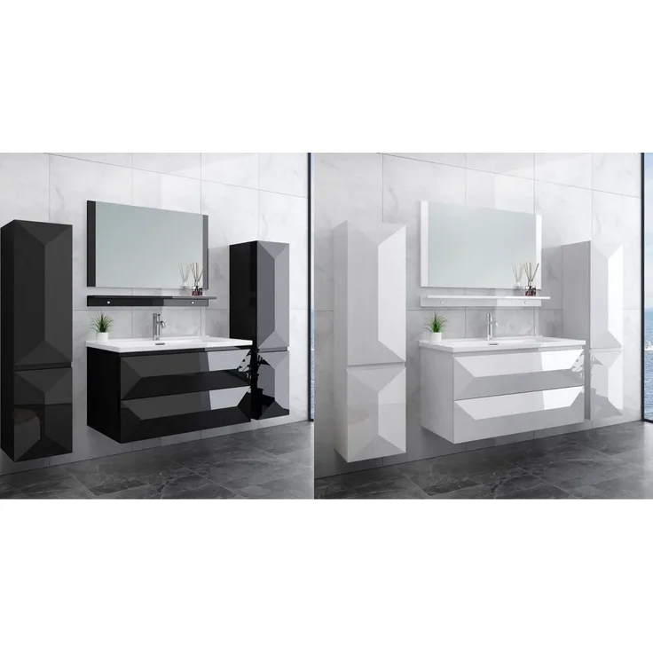 Badmöbel Set Miran 90 cm Schwarz, Keramikbecken & Spiegel Ohne Seitenschrank, 1x Waschbeckenunterschrank, 1x Spiegelablage, 1x Spiegel