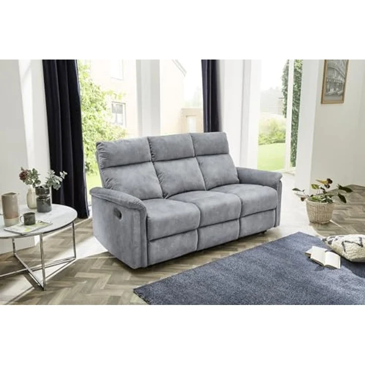 3-Sitzer-Relaxsofa Couch Liegefunktion Federkernpolsterung Velours Vintage Grau – Bild 2