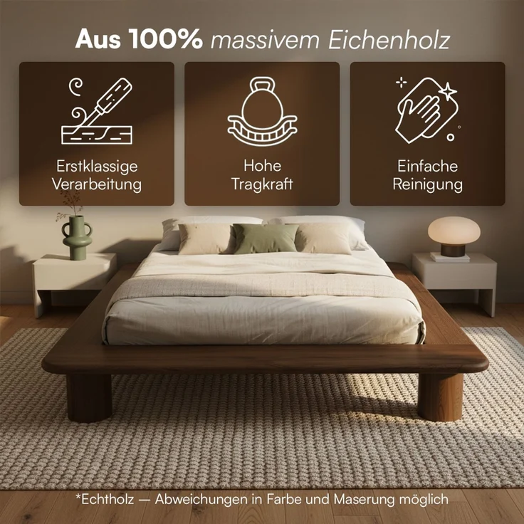skølm 'Vestri' Futonbett 140x200 cm, Bettgestell aus Eiche Massivholz, Walnuss Optik lackiert, Massivholzbett 25 cm hoch, geeignet als Doppelbett – Bild 4