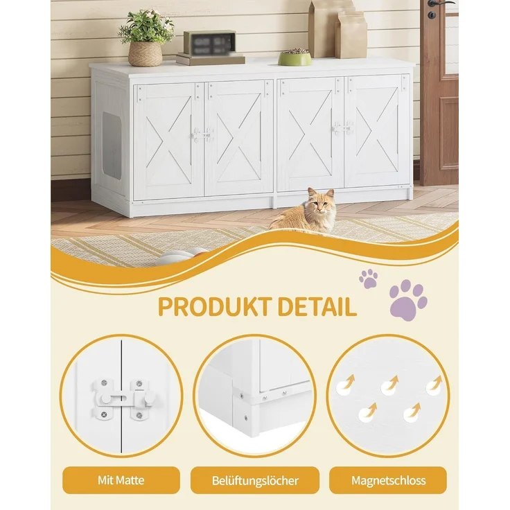 Katzenschrank, Katzenklo Schrank für 2 Katzen, Versteckter Katzentoilettenschrank, Katzenhaus für den Innenbereich, Bauernhausstil, 119 x 48 x 53,5 cm, Weiß – Bild 3