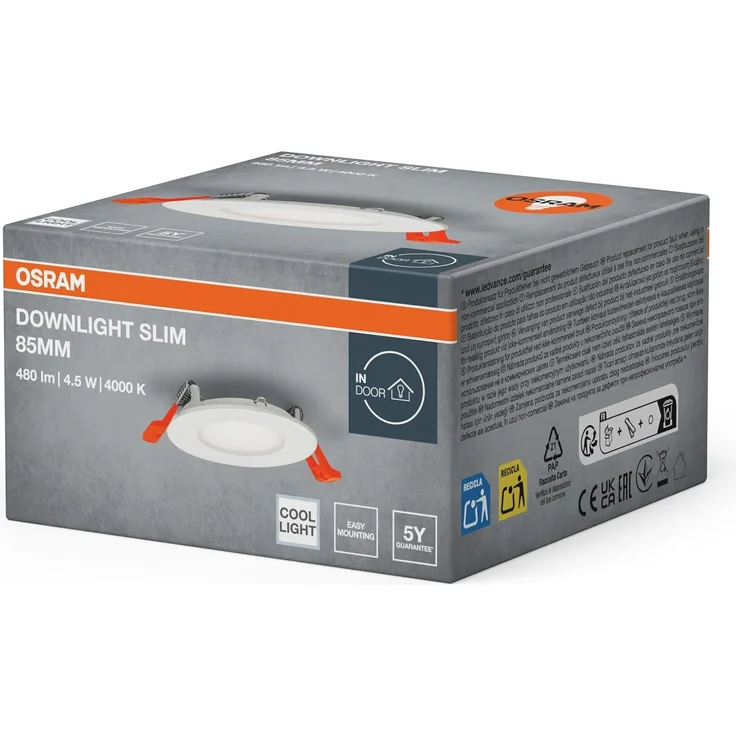 Osram Downlight Slim 85mm, LED Einbauleuchte, 4.5W, 4000K neutralweiß, 240 Lumen, flaches Design, IP20, einfache Montage für Wohnräume und Küchen, Weiß – Bild 2