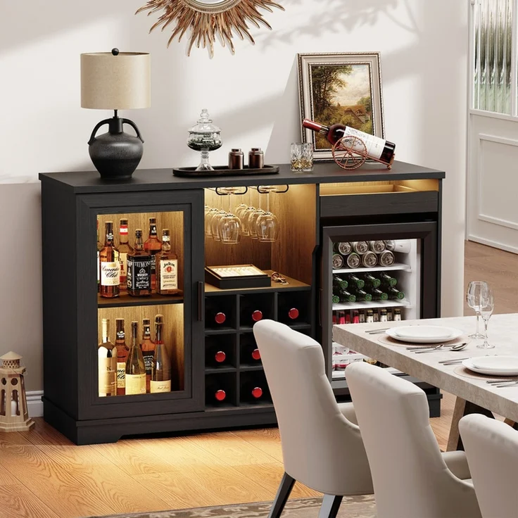 Weinschrank 120x40x78 cm mit LED-Beleuchtung, 9 Weinregalen und 2 Glashaltern, Holz & Schwarz – Bild 10