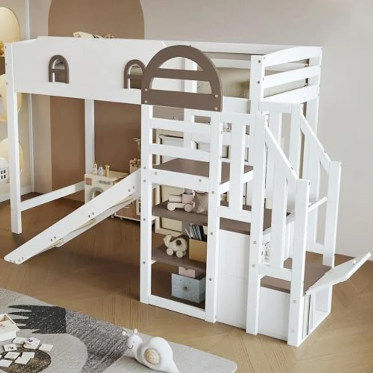 Odikalo Hochbett 90x200 Kinderbett mit Rutsche und Stauraum (Etagenbett, Kinderbett Mit Fenster, Mit Kinderrutsche, Treppen mit Handlauf, Mit 2 Schließfächer in der Treppe, Vielseitiges Design, Reichlich Stauraum, Kiefer+MDF, Weiß+Braun, 90x200cm) – Bild 5