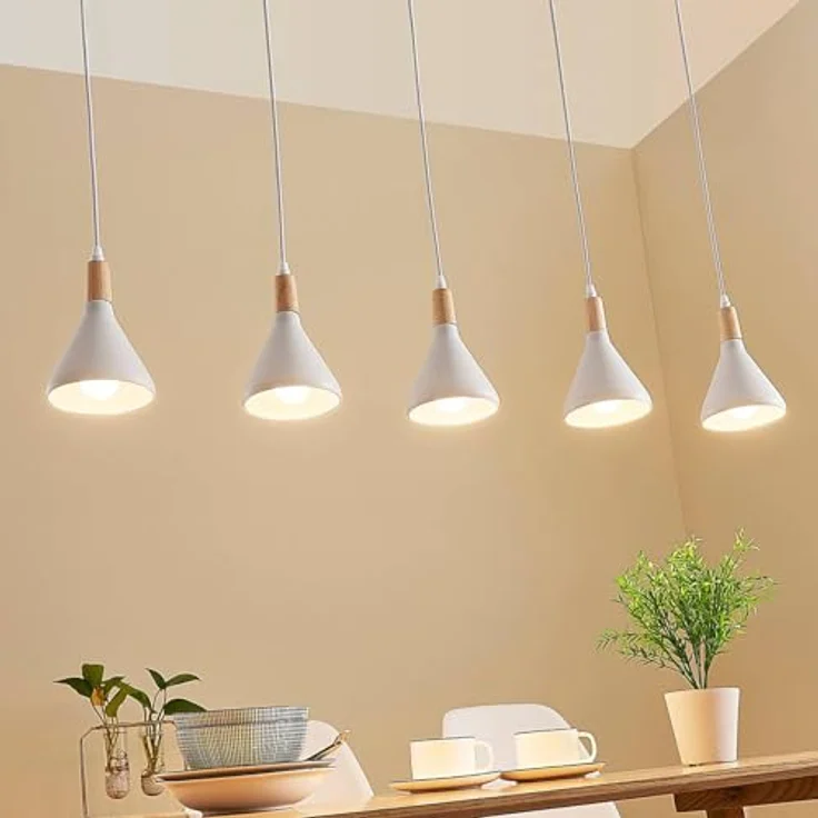 Lindby Pendelleuchte 'Arina', 5-flammig aus Metall und Holz, weiß, E14 max. 8W, 100 x 12 cm, Scandi Design für Wohnzimmer und Esszimmer – Bild 5