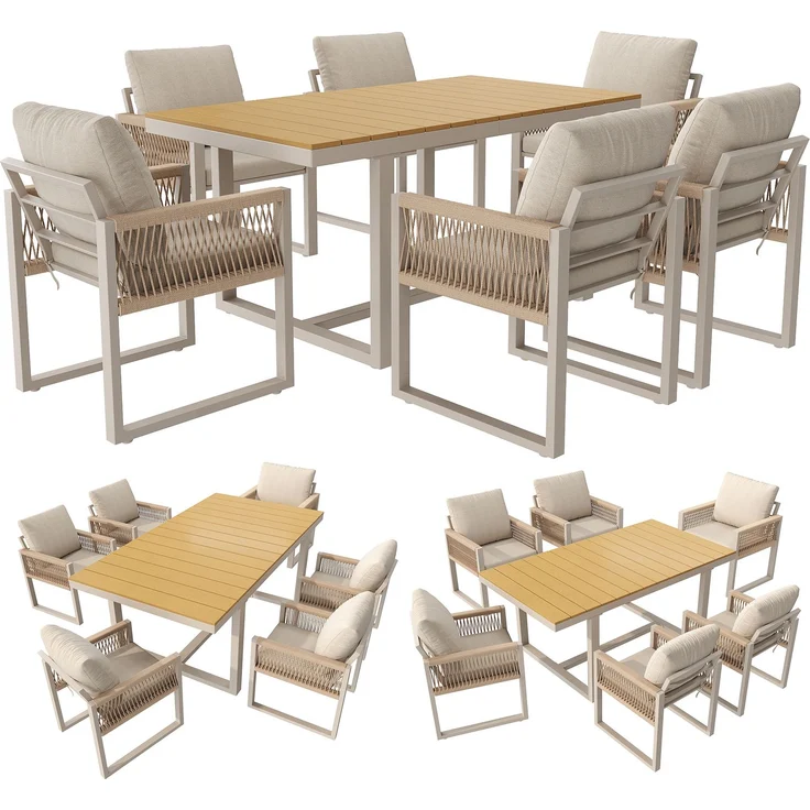 Merax 7-tlg. Garten-Essgruppe, Outdoor-Esstisch-Set, mit 1 Tisch + 6 Stühle, mit Seilgeflecht & Kissen Wetterfest, Beige – Bild 10