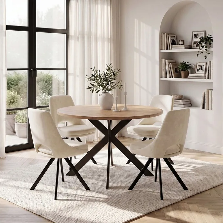 Jiexi Essgruppe Runder Esstisch 110cm MDF Set mit 4 Flanell Stühlen Kreuzgestell