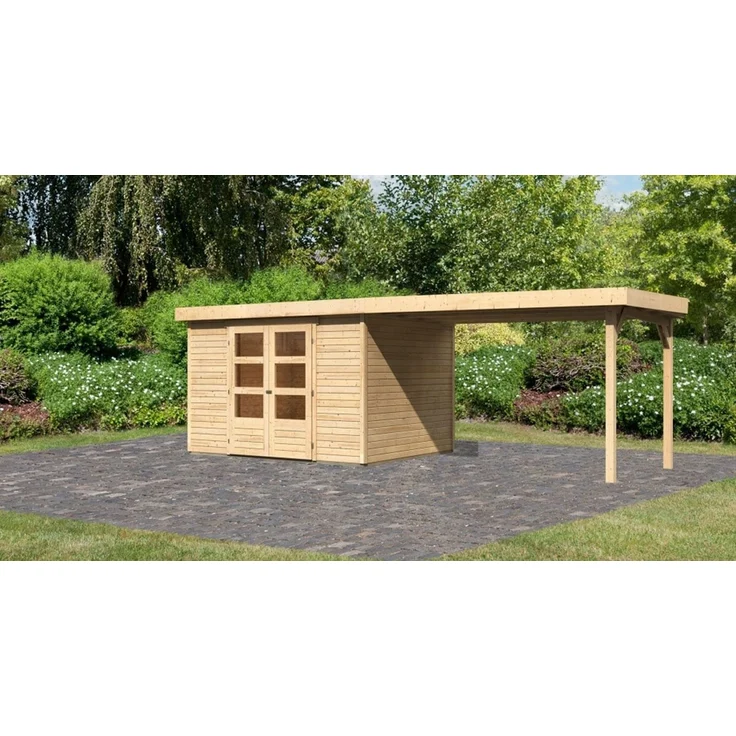 Gartenhaus Askola 5, 302 x 246 cm inkl Anbaudach 2,80 m mit Rückwand, 19 m Holz naturbelassen – Bild 1