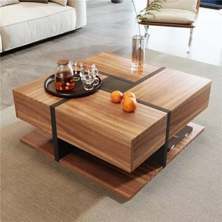 Merax Hochglanz-Couchtisch, Tisch mit 4 Schubladen, einzigartige Farbabstimmung und Liniendesign, Stauraum unten, braun – Bild 6