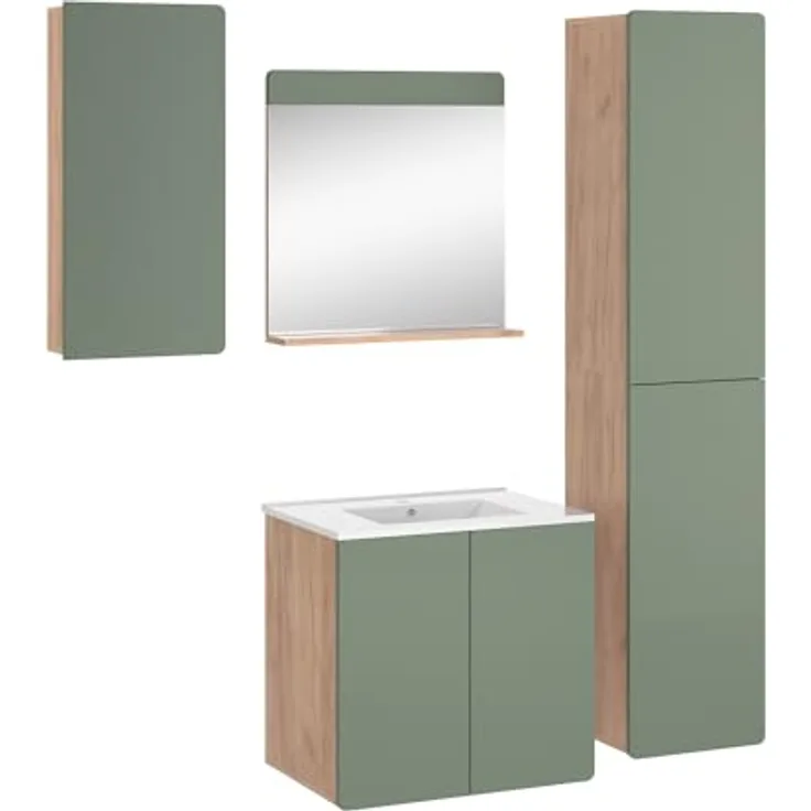 Vichy Badmöbel-Set Izan, 5-teilig, Goldkraft Eiche/Grün, inkl. Waschbeckenunterschrank, Hochschrank und Hängeschrank