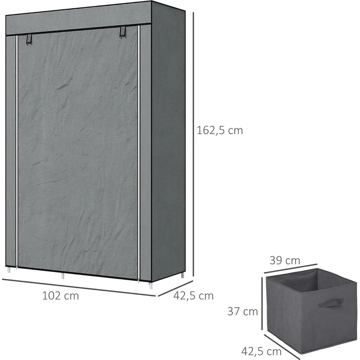 HOMCOM Stoffschrank, Faltschrank mit Schubladen, Kleiderschrank mit Kleiderstange, Reißverschluss, Garderobe für Schlafzimmer, Vliesstoff, Dunkelgrau, 102 x 42,5 x 162,5 cm – Bild 7