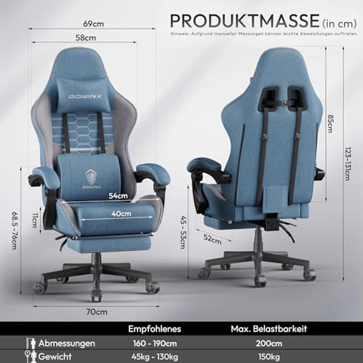 Dowinx Gaming Stuhl Tasche Frühling Kissen, Atmungsaktiver Bürostuhl aus Hochwertigem Stoff, Ergonomischer PC-Stuhl mit Kopfstütze, Drehbarer Schreibtischstuhl mit Fußstütze (Blau) – Bild 4