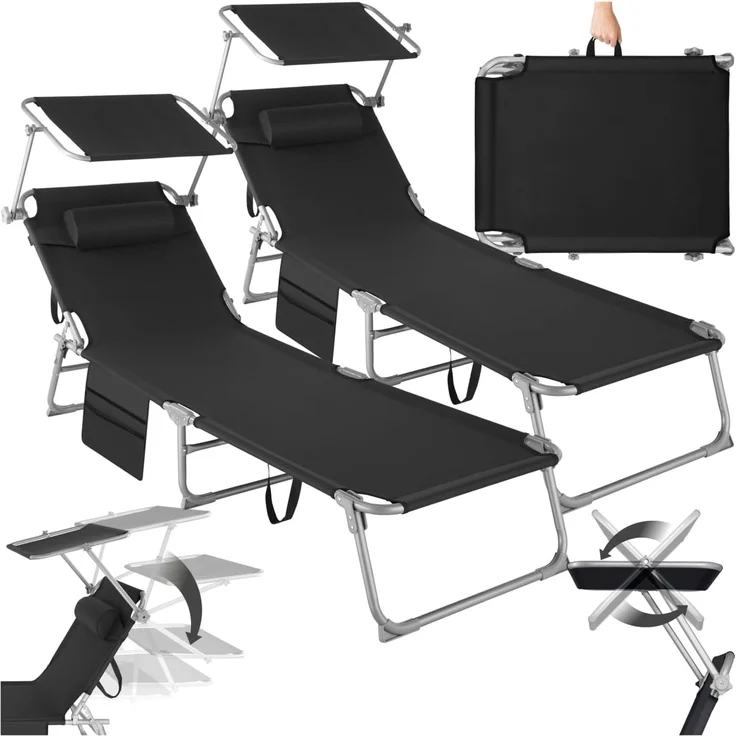tectake® 2er Set Sonnenliege klappbar und tragbar, Liege mit Seitentasche, Strandliege, Gartenliege mit Dach, Liegestuhl mit Verstellbarer Rückenlehne, Kopfkissen - für Balkon, Terrasse (schwarz) – Bild 1