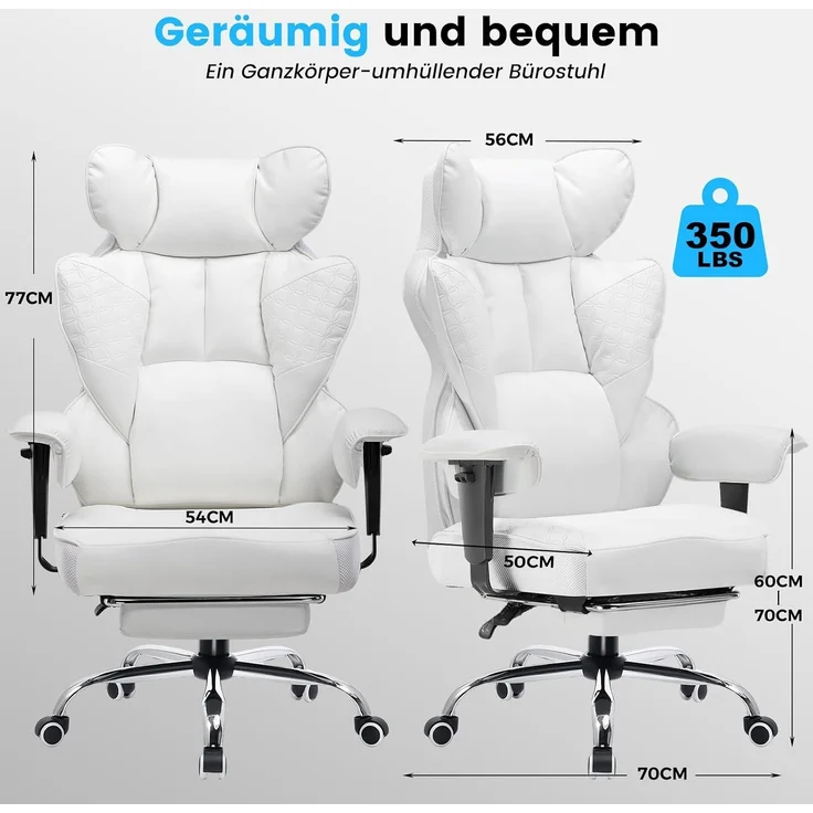 COMHOMA Gaming Stuhl, ergonomischer Bürostuhl, Schreibtischstuhl mit verstellbare Armlehnen, Taschenfederkern-Lendenwirbelstütze für große und hohe Personen, 180 kg, breiter Sitzfläche, weiß – Bild 4