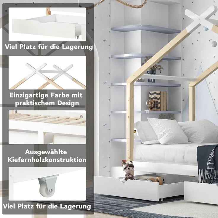 Merax Kinderbett Hausbett mit Schubladen, Massivholz mit Lattenrost, Kiefernholz Hausbett , Kinder und Jugendzimmer, weiß+holzfarbe (90x200cm) – Bild 6