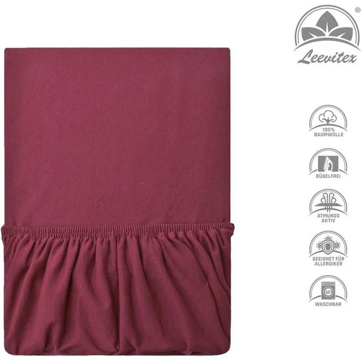 leevitex® Spannbettlaken, Premium 170g/m², Gummizug: rundum, schwer und dick, 100% Jersey-Baumwolle, Bordeaux / Weinrot, 90 x 200 - 100 x 220 cm – Bild 3
