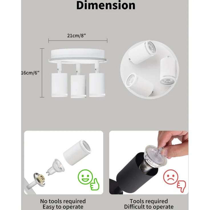 LVWIT GU10 Deckenstrahler LED, Deckenstrahler 3 Flammig Rund, LED Deckenleuchte Schwenkbar, Weiße Deckenlampe Spot, Drehbar Deckenlampe 3 Flammig, Modern Strahler Deckenspot - Ohne Leuchenmittel – Bild 5