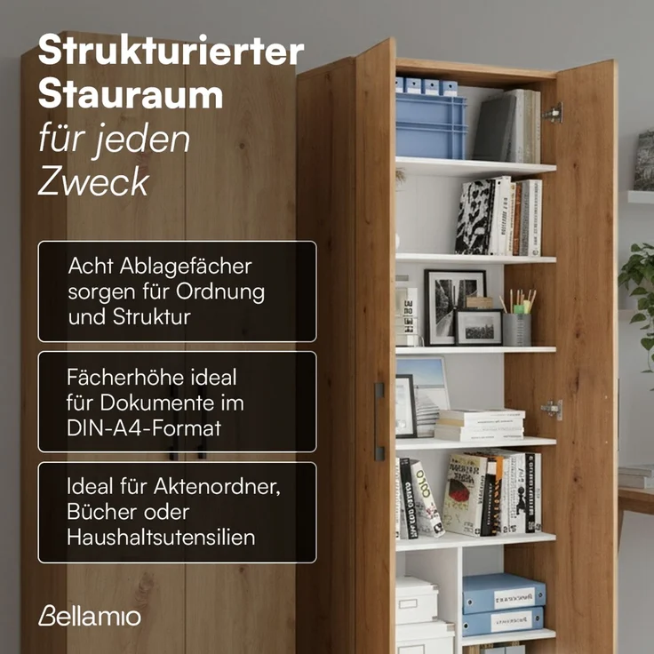 Bellamio 'Apol' Mehrzweckschrank, Eichenoptik, 176x33x60 cm, Aktenschrank mit 8 Ablagefächern – Bild 3