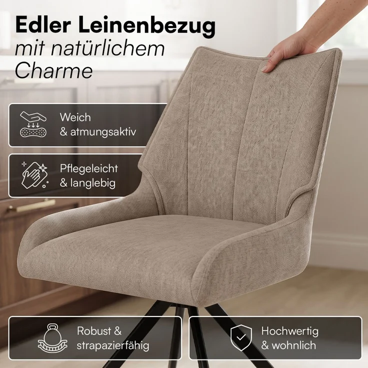 skølm 'Freyja' Esszimmerstühle, 2er Set, hellbraun, gepolsterter Leinenbezug, höhenverstellbar & drehbar, Polsterstühle mit Armlehnen – Bild 6