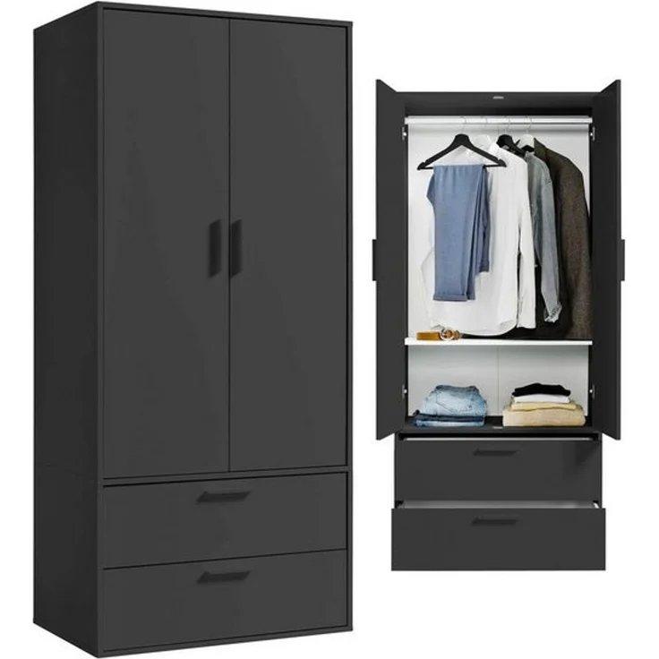 mokebo Kleiderschrank Der Kleiderheld (80x180x51 cm, 2-türig, 2 Schubladen & 2 Einlegeböden) Garderobenschrank, Schlafzimmerschrank oder Schrank in Schwarz – Bild 4