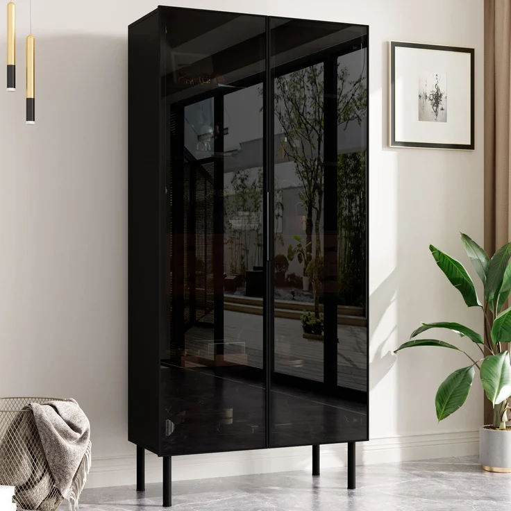 Vitrine mit Glastüren, LED-Beleuchtung per App steuerbar, 2 Schubladen, Innenregale, Standvitrine Wohnzimmer, Aufbewahrungsschrank mit Glasfront--Schwarz--70x36x170cm--YOUDENOVA – Bild 5