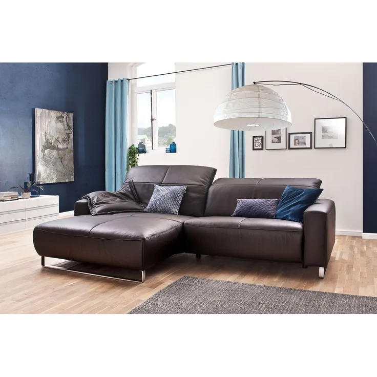 KAWOLA Sofa YORK Leder Life-line chocolate Rec links Fuß Metall Chrom matt 85 x 111 x 284 cm