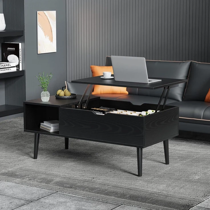 Sweetcrispy Couchtisch Höhenverstellbar, Tisch Wohnzimmertisch, offener und versteckter Stauraum Couchtisch, Sofatisch Beistelltisch, 100x50 cm Sofatisch aus Holz für Wohnzimmer, Schwarz – Bild 2