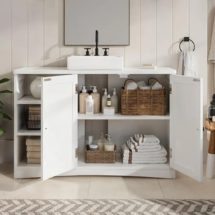 Bealife Waschbeckenunterschrank, Badezimmerschrank 90 x 30 x 60 cm, mit 2 Türen, 5 Fächern und höhenverstellbarem Einlegeboden in 3 Stufen, Magnetverschluss, viel Stauraum, wasserabweisend (Weiß) – Bild 3