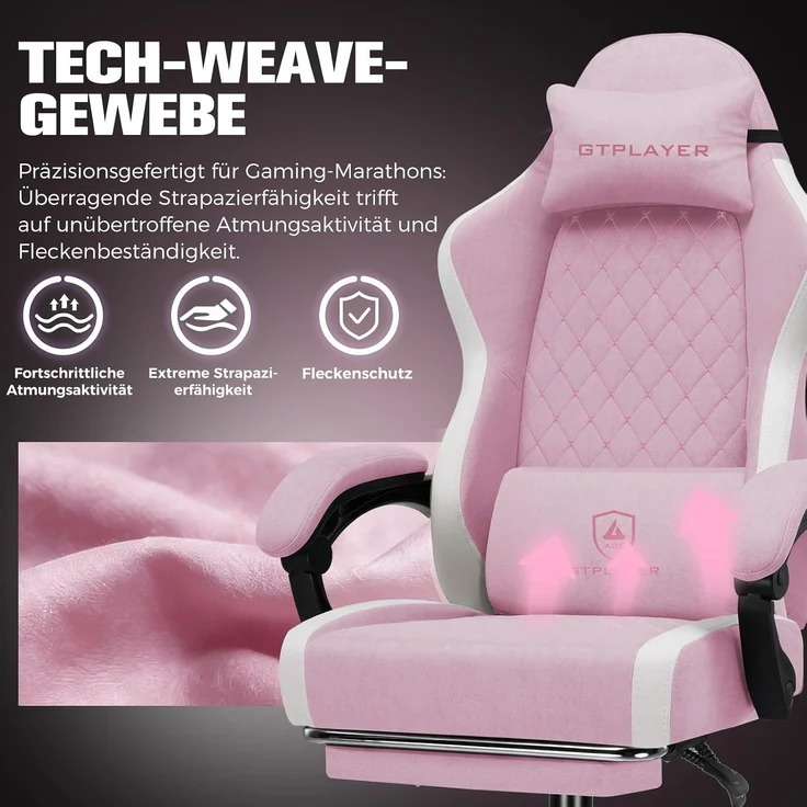 GTPLAYER Gaming Stuhl Ergonomischer, PC Stuhl Atmungsaktiver Stoff, Groß und Hoch Drehbarer Schreibtischstuhl mit Fußstütze,Verstellbare Lendenwirbelstütze und Kopfstütze,Rosa – Bild 8